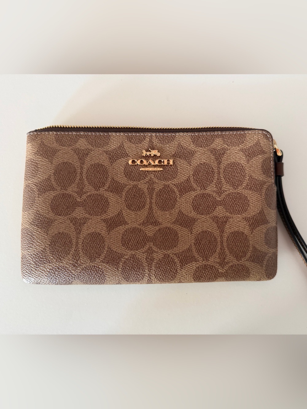 Coach Brown Signature Canvas Zip Wristlet with Gold Logo